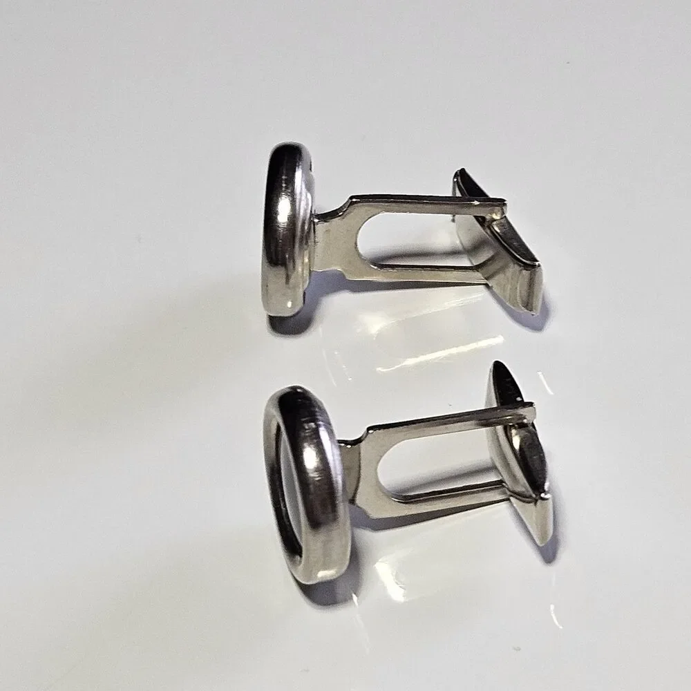 Vintage Silver Tone Circular Cufflinks With Black